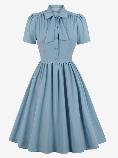 Vintage 1950s Midi Swing Tea Dress for Women - Bow Neck Short Sleeve Fit and Flare Rockabilly Gown - Garden Party 2026