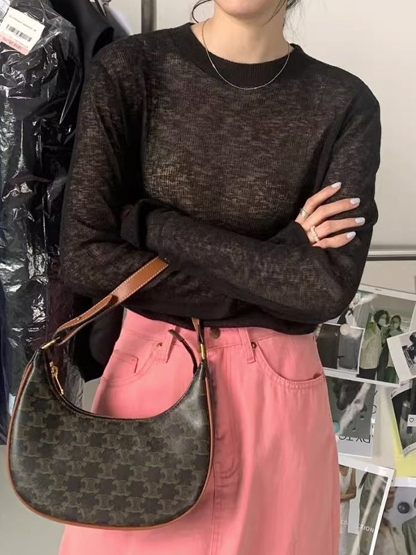 Plain Crewneck Casual Thin Long Sleeve Knits