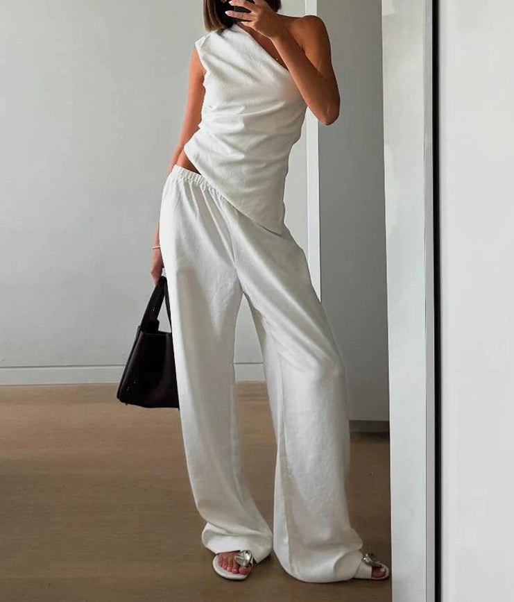 White Hollow Backless Pants Two Piece Set