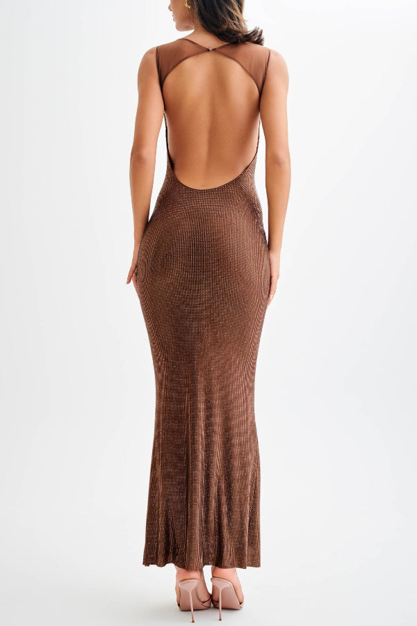 Sequin Mesh Wide Strap Scoop Neck Mermaid Hem Maxi Gown