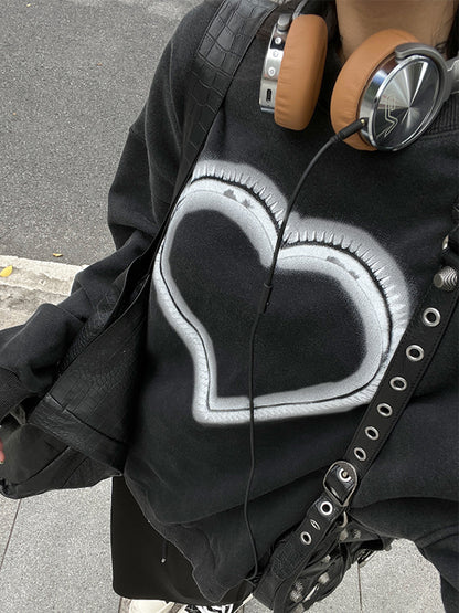 Distressed Heart Print Crew Neck Sweatshirt