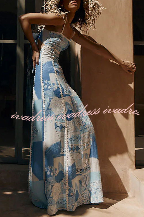 Terazza Ric Rac Trims Unique Print Back Tie-up Slip Flared Maxi Dress