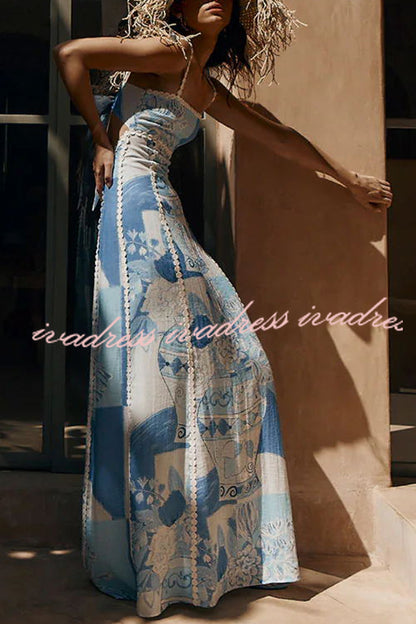 Terazza Ric Rac Trims Unique Print Back Tie-up Slip Flared Maxi Dress