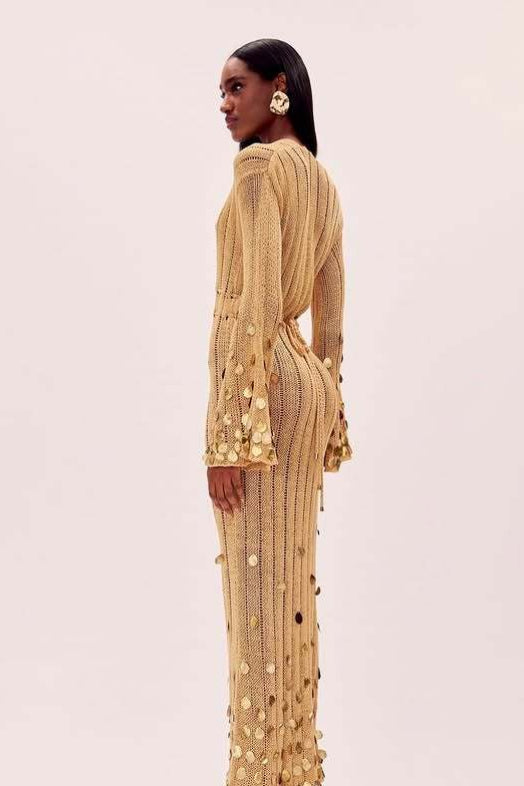 | V Neck Belted Sequin Knit Maxi Dress