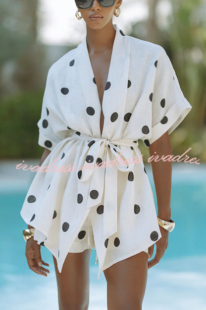 Playful Linen Blend Polka Dot Tie-up Kimono Top and Elastic Waist Pocket Shorts Set