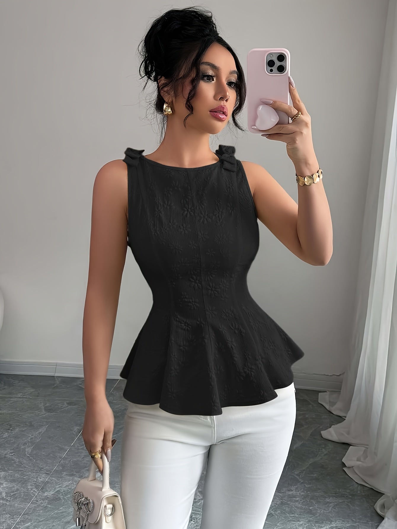 Women's Round Neck Sleeveless Flared Top – Floral Bow Accent Blouse