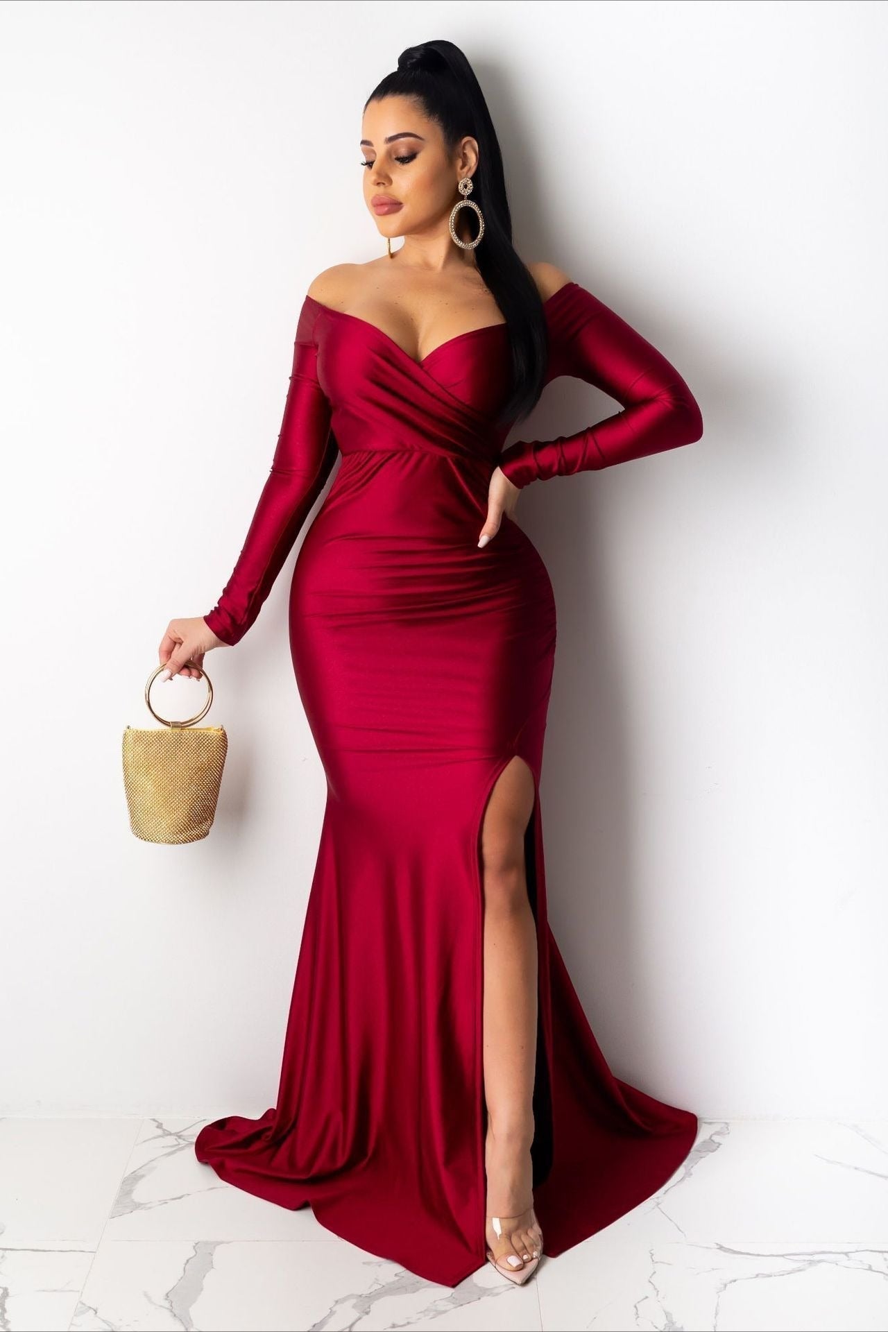 Off-Shoulder Surplice Long Sleeve High Slit Mermaid Maxi Gown
