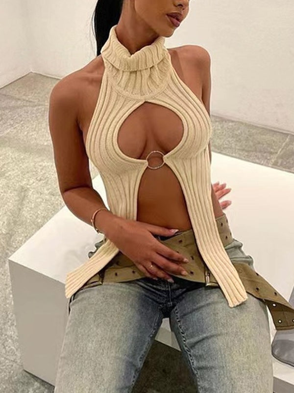 Cutout Metal Ring Slit Backless Knit Tank Top