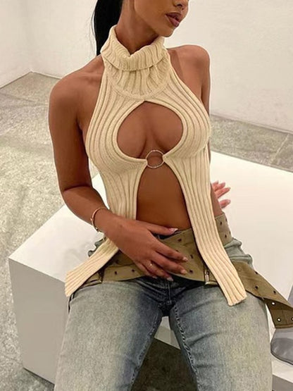 Cutout Metal Ring Slit Backless Knit Tank Top