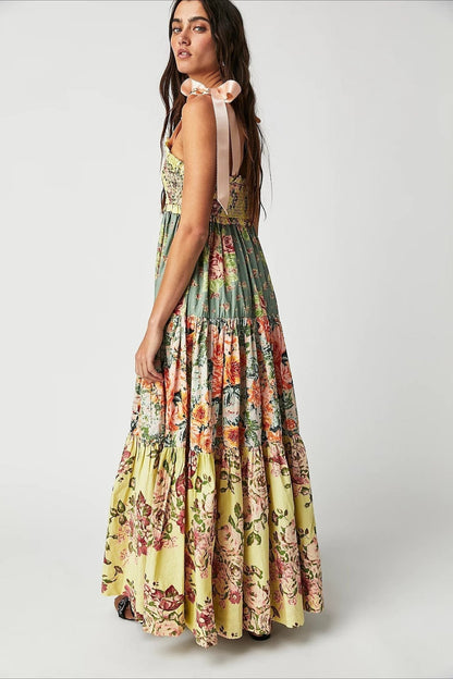 Smocked Tie Shoulder Bow Tiered Patchwork Floral Print Maxi Dress
