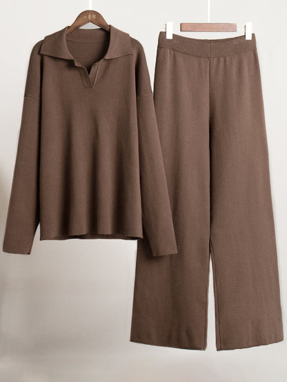 Knit Pant Set Drop Shoulder Pullover And Wide Leg Trousers For Women