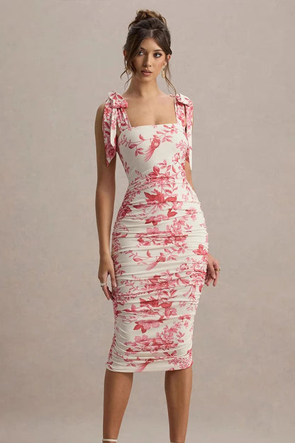 Vintage Print Ruched Midi Dress