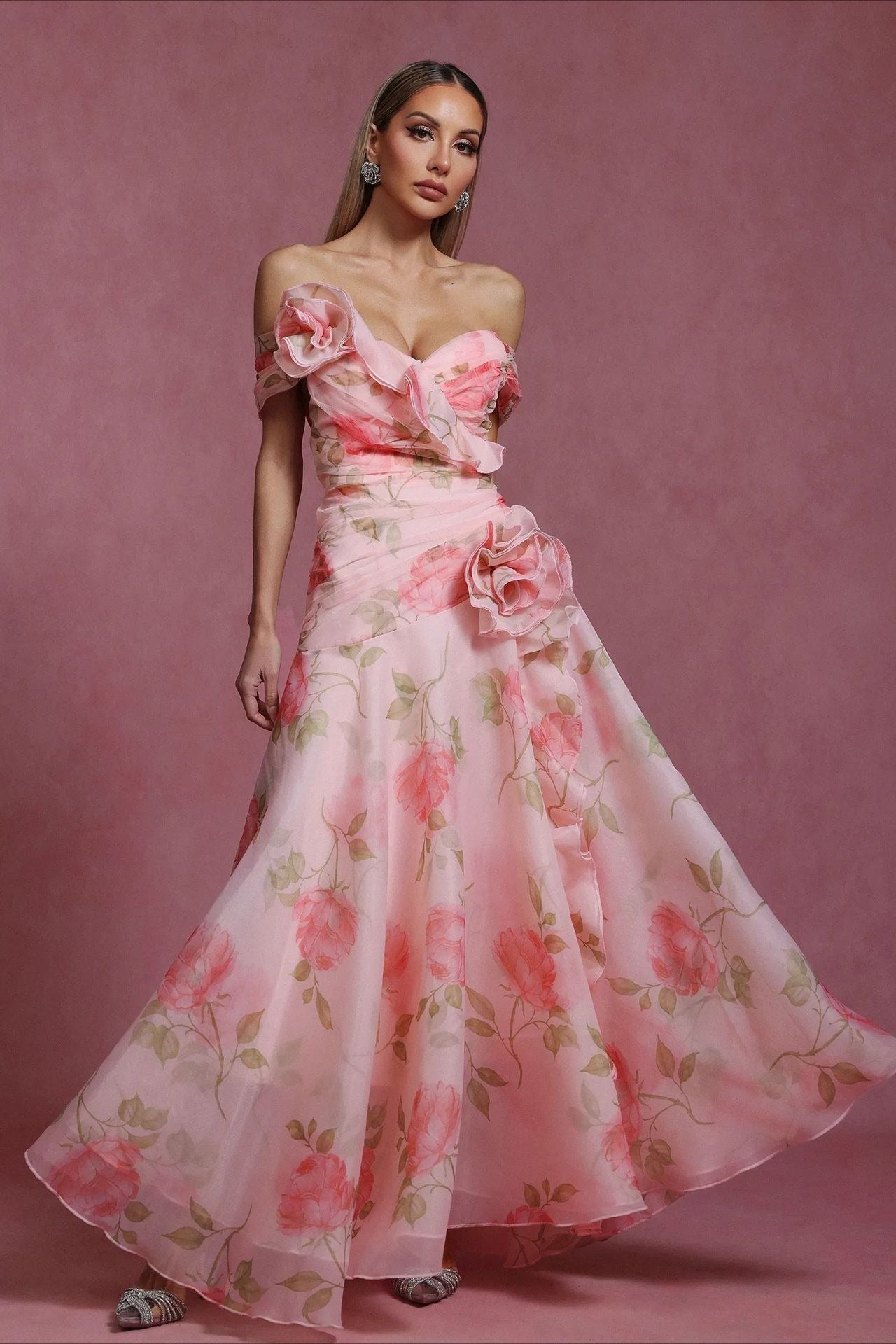 Floral Print 3D Applique Off-Shoulder Sweetheart A-Line Maxi Gown