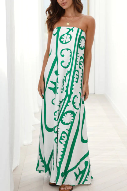 Graphic Scroll Print Strapless Bandeau Flowy A-Line Maxi Dress