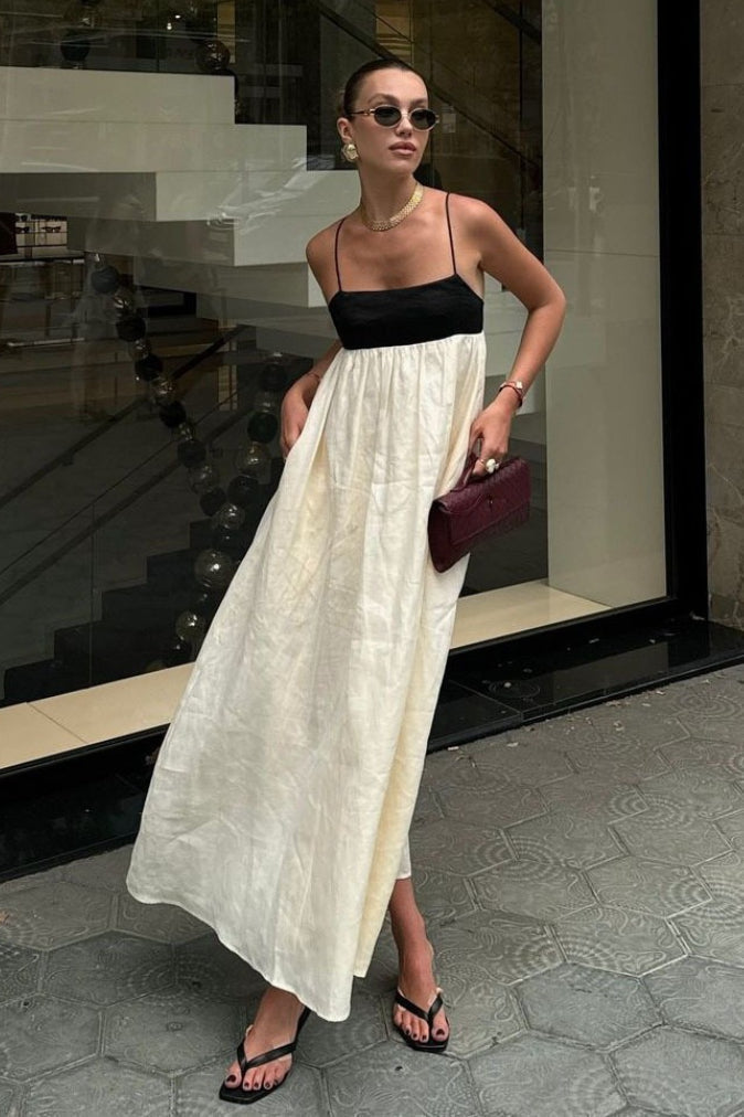 Linen Blend Colorblock Spaghetti Strap Empire Waist Gathered Maxi Dress