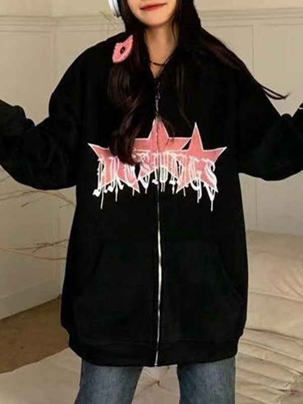 American Style Star Embroidery Fleece Oversized Hoodie