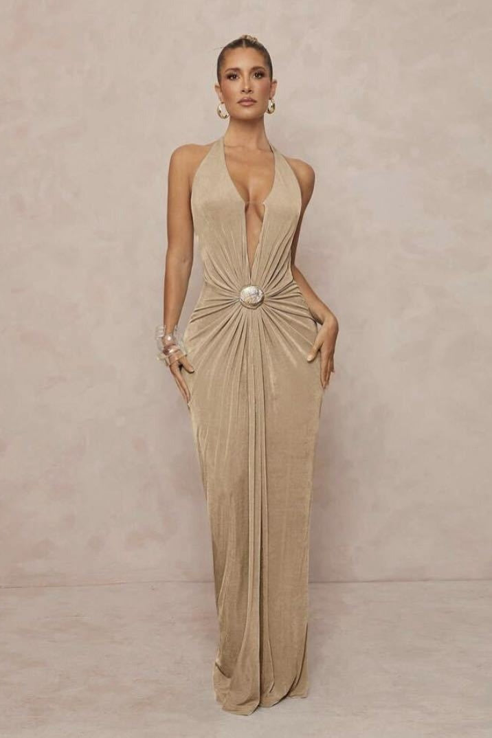 | Deep V Halter Ruched Backless Maxi Dress