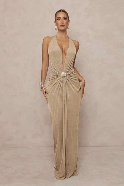| Deep V Halter Ruched Backless Maxi Dress