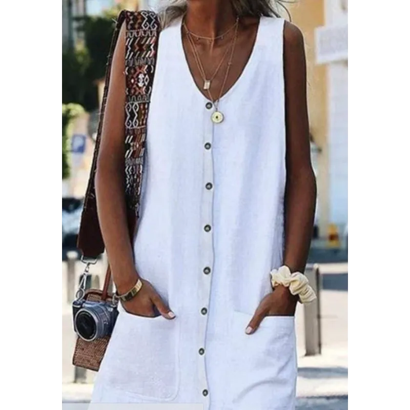 Linen Blend Deep V-Neck Button Front Patch Pocket Sleeveless Shift Dress