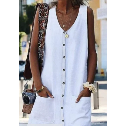 Linen Blend Deep V-Neck Button Front Patch Pocket Sleeveless Shift Dress