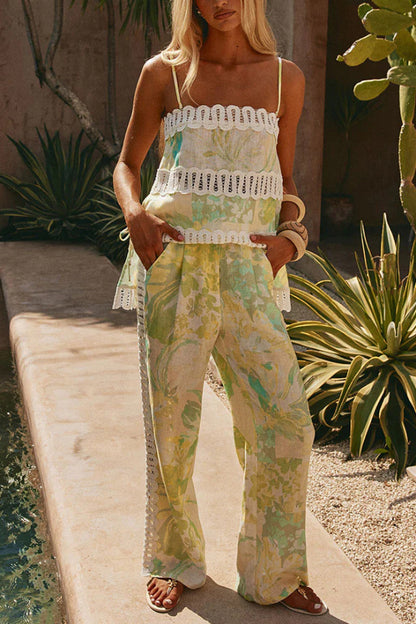 Summer Elegant Printed Curved Crochet Trim Camisole Top and Elastic Waist Casual Pocket Wide-leg Pants Set
