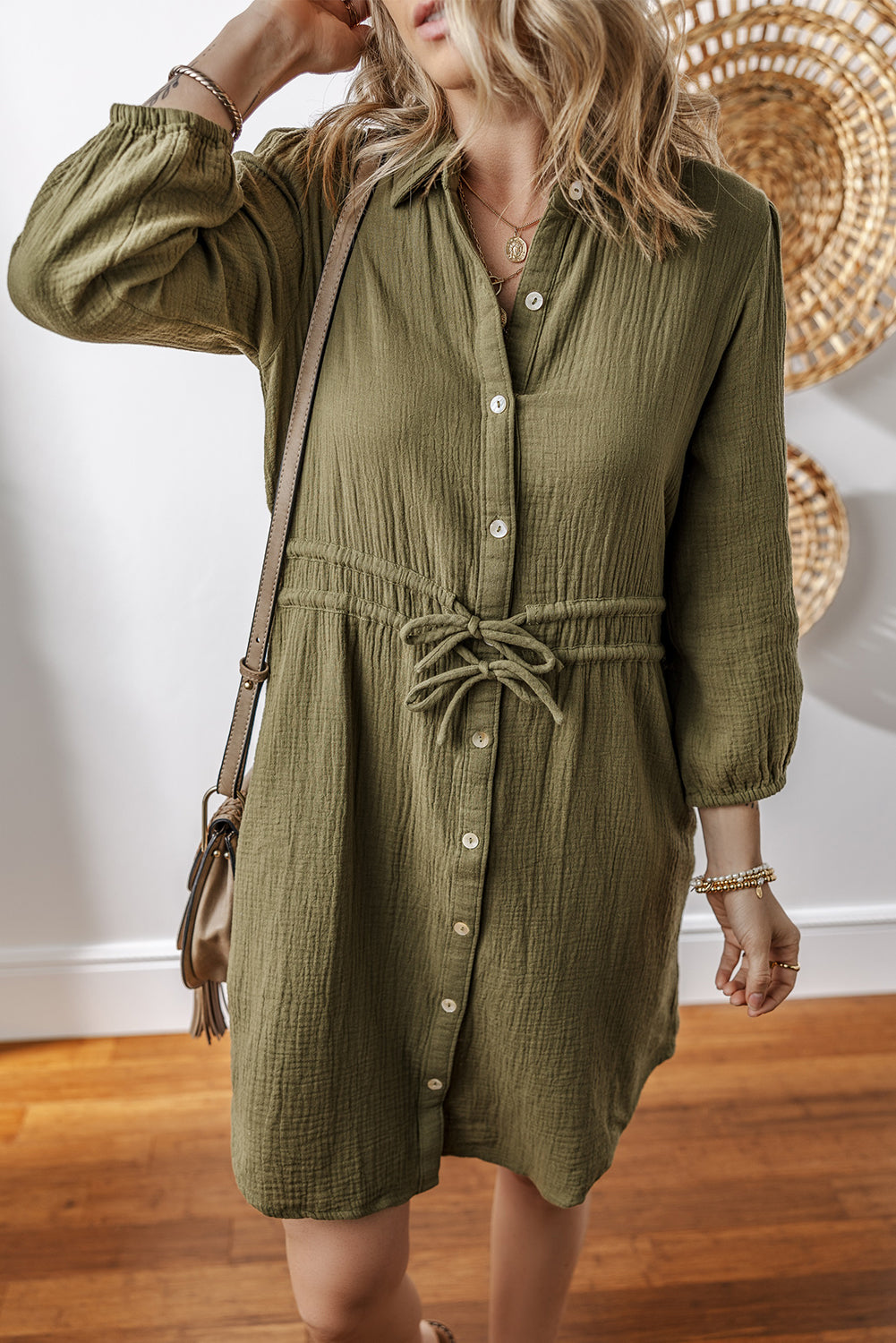 Crinkle Texture Collared Drawstring Waist Puff Sleeve Pocket Shirt Mini Dress