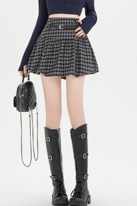 Plaid Bubble A-line Khaki Short Skirt