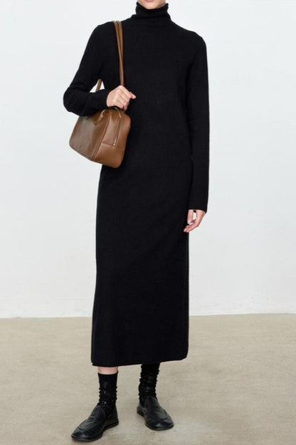 Turtleneck Long Sleeve Column Belted Knit Maxi Dress