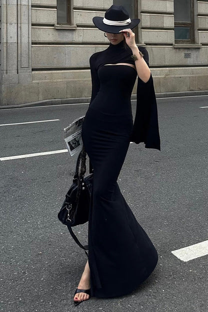| Solid Slim Asymmetric Long-Sleeve Maxi Dress