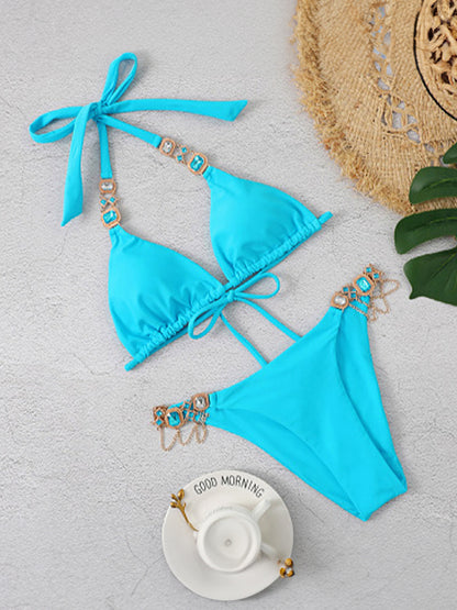 Solid Gem Engraved Halter Tie Back Bikinis