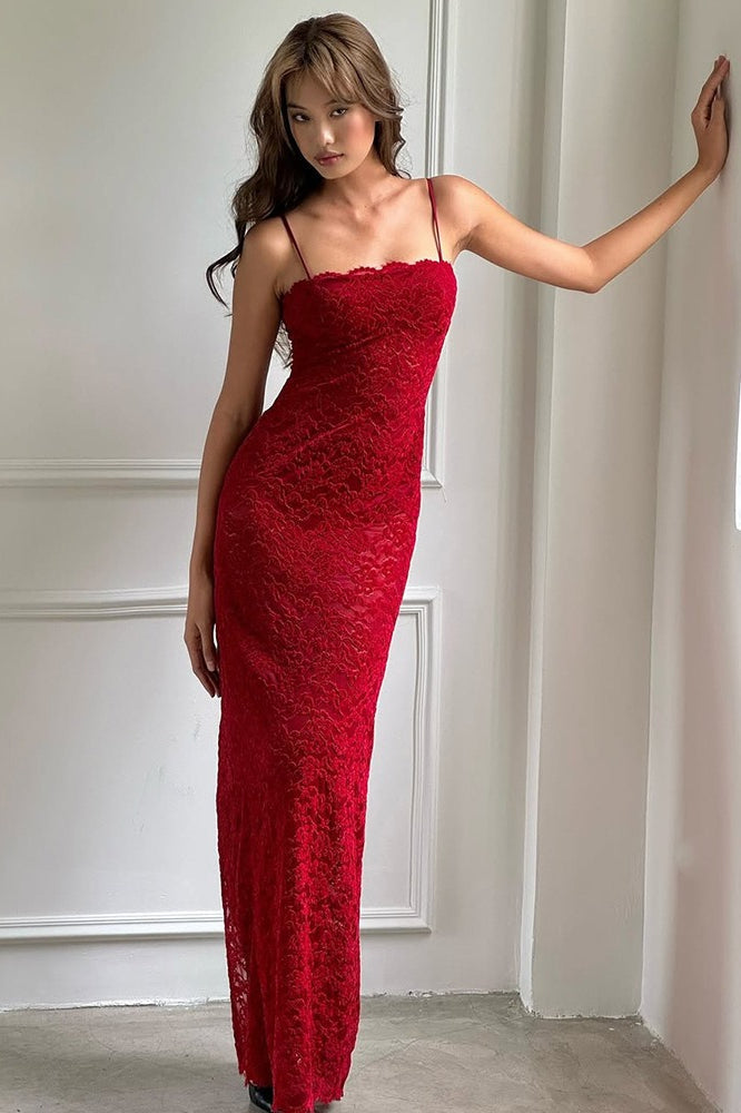 Spaghetti Strap Scalloped Lace Overlay Bodycon Maxi Dress