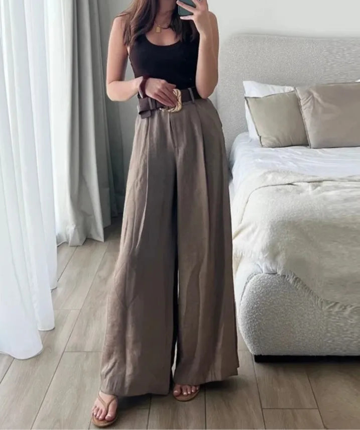 Satin Belted Wide Leg Pocket Pant