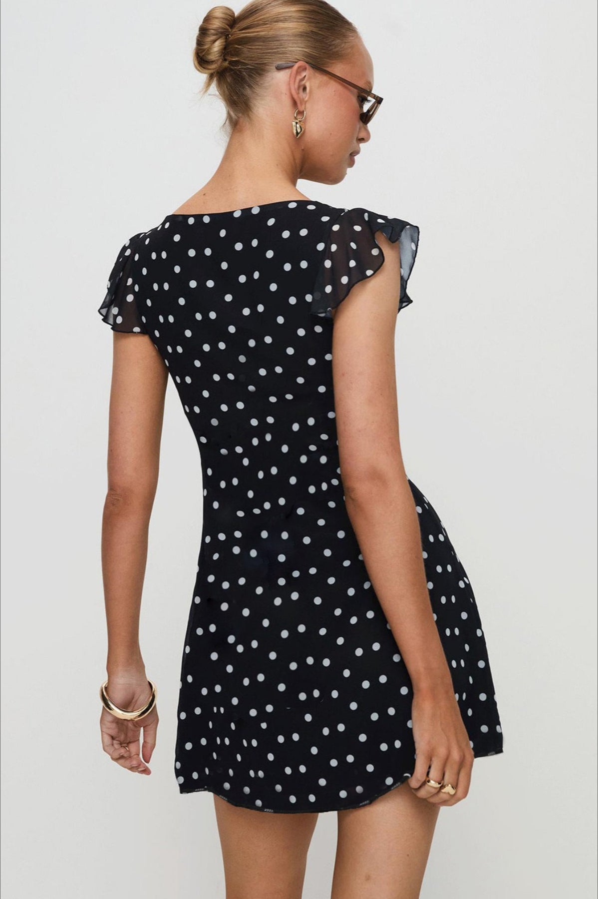 Polka Dot V-Neck Ruffle Trim Flutter Sleeve Fit and Flare Mini Dress