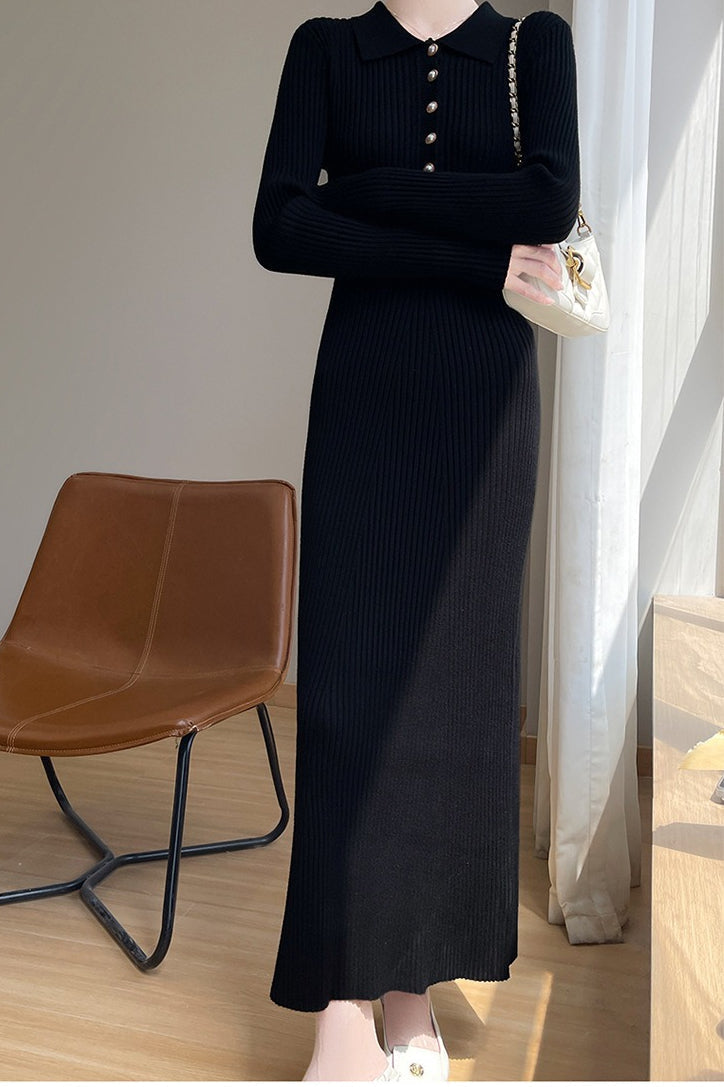 Rib Knit Polo Collar Pearl Button Long Sleeve Maxi Sweater Dress