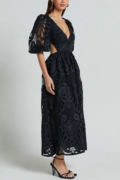 V-neck Lace Embroidery Hollow Waist Dress