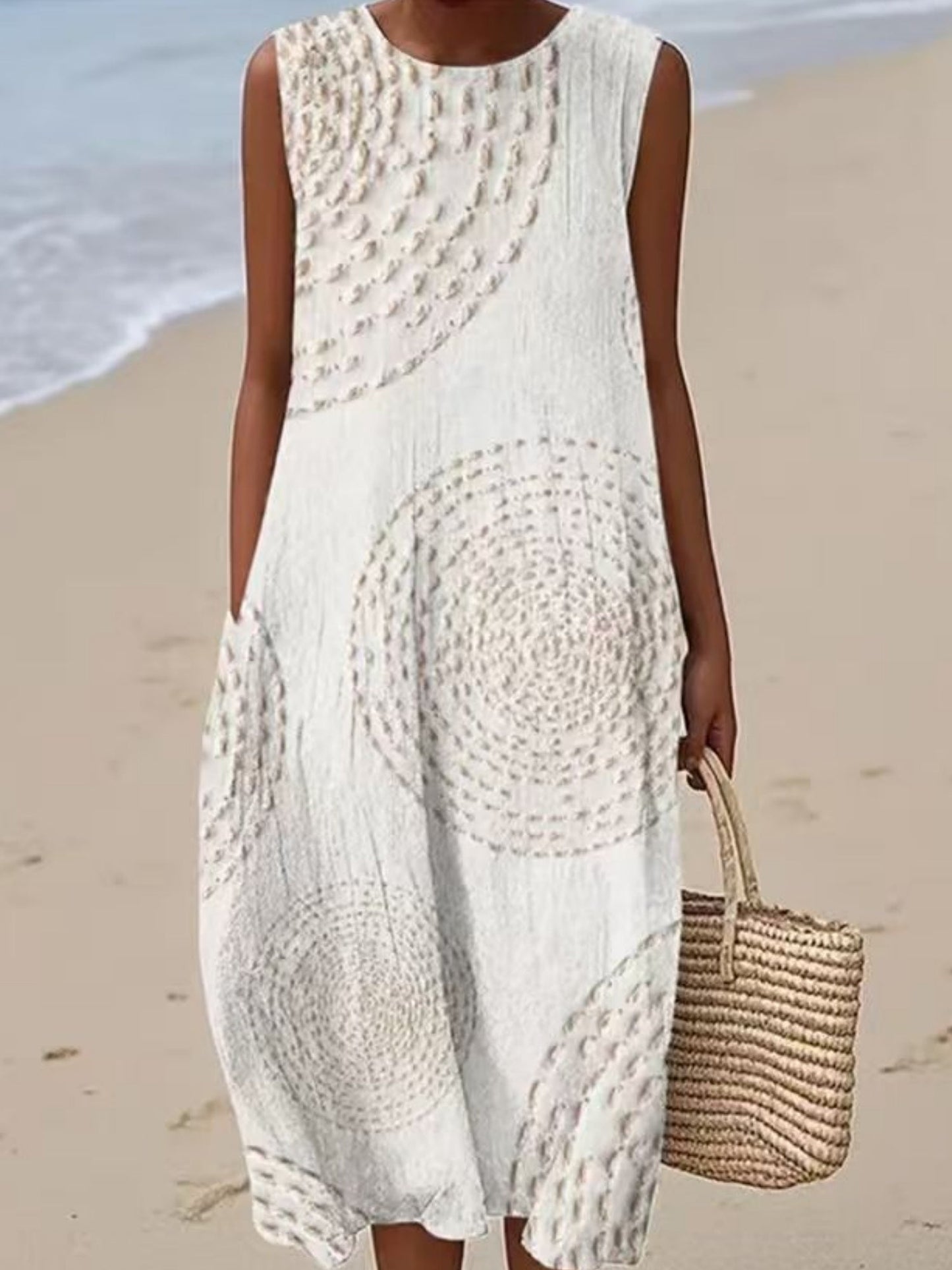 Printed Pocket Round Neck Sleeveless Maxi Dresses