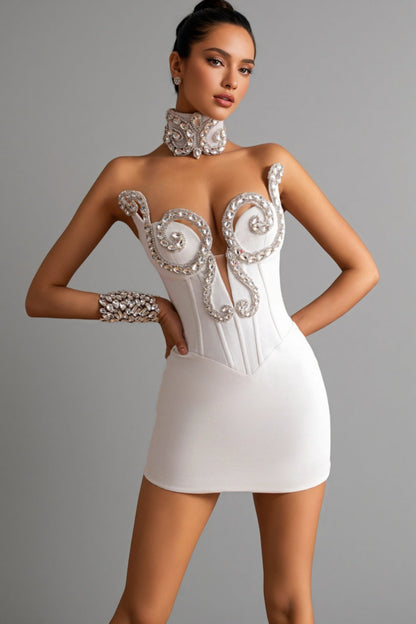 Layls White Rhinestones Strapless Mini Dress