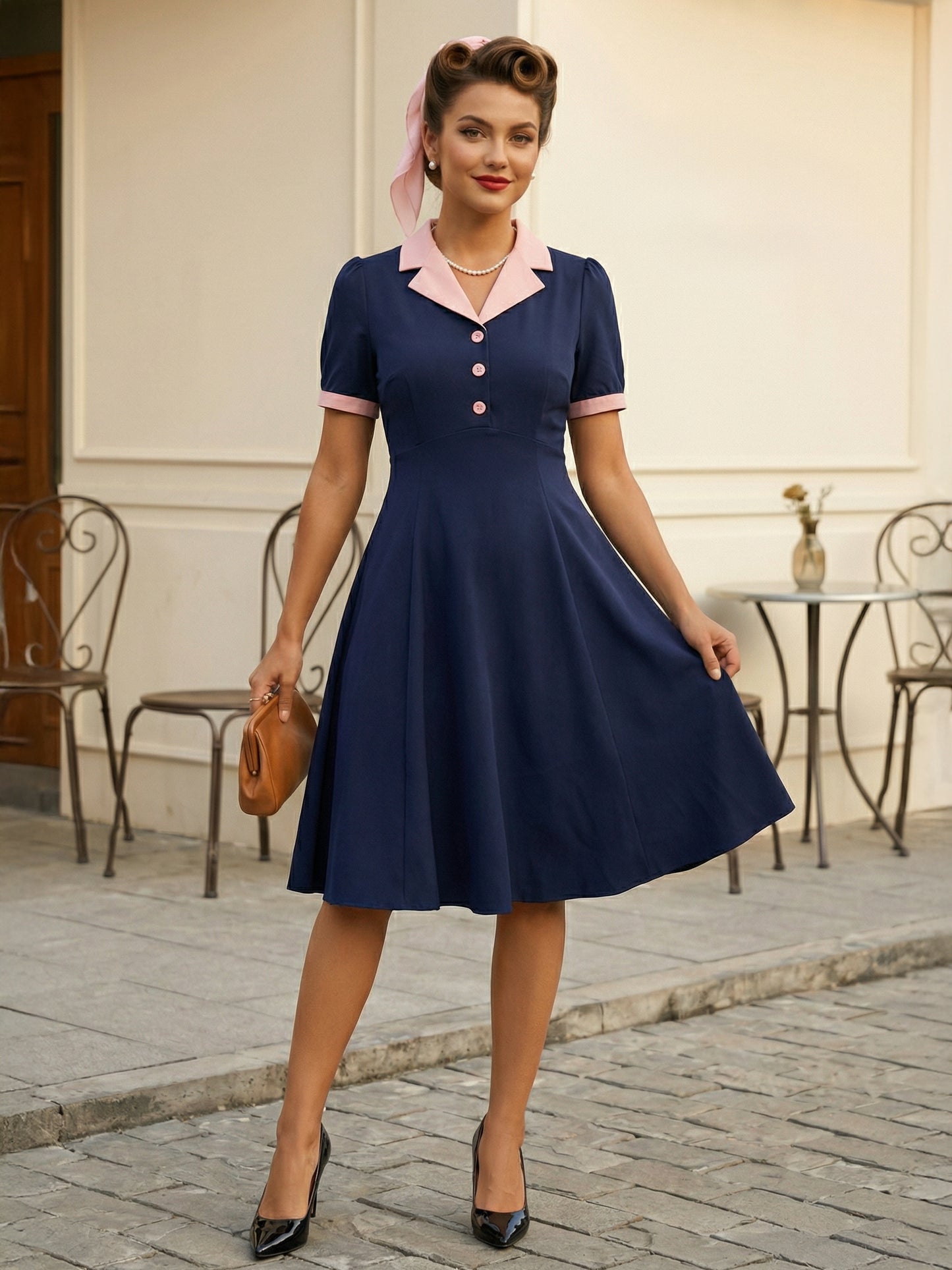 Retro Contrast Lapel Button Up Fit And Flare Midi Dress For Women 2026
