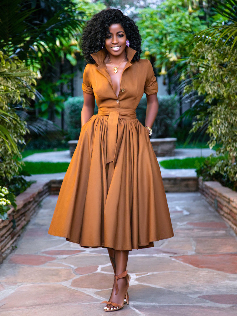 Midi Shirt Dresses Orange Stand Collar Sash Short Sleeves Layered Dress