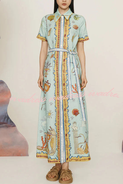 Deep Sea Dreaming Linen Blend Unique Print Short Sleeve Tie-up Shirt Maxi Dress