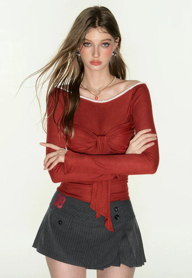 Red Long Sleeves Off-Shoulder Tie-Front Top