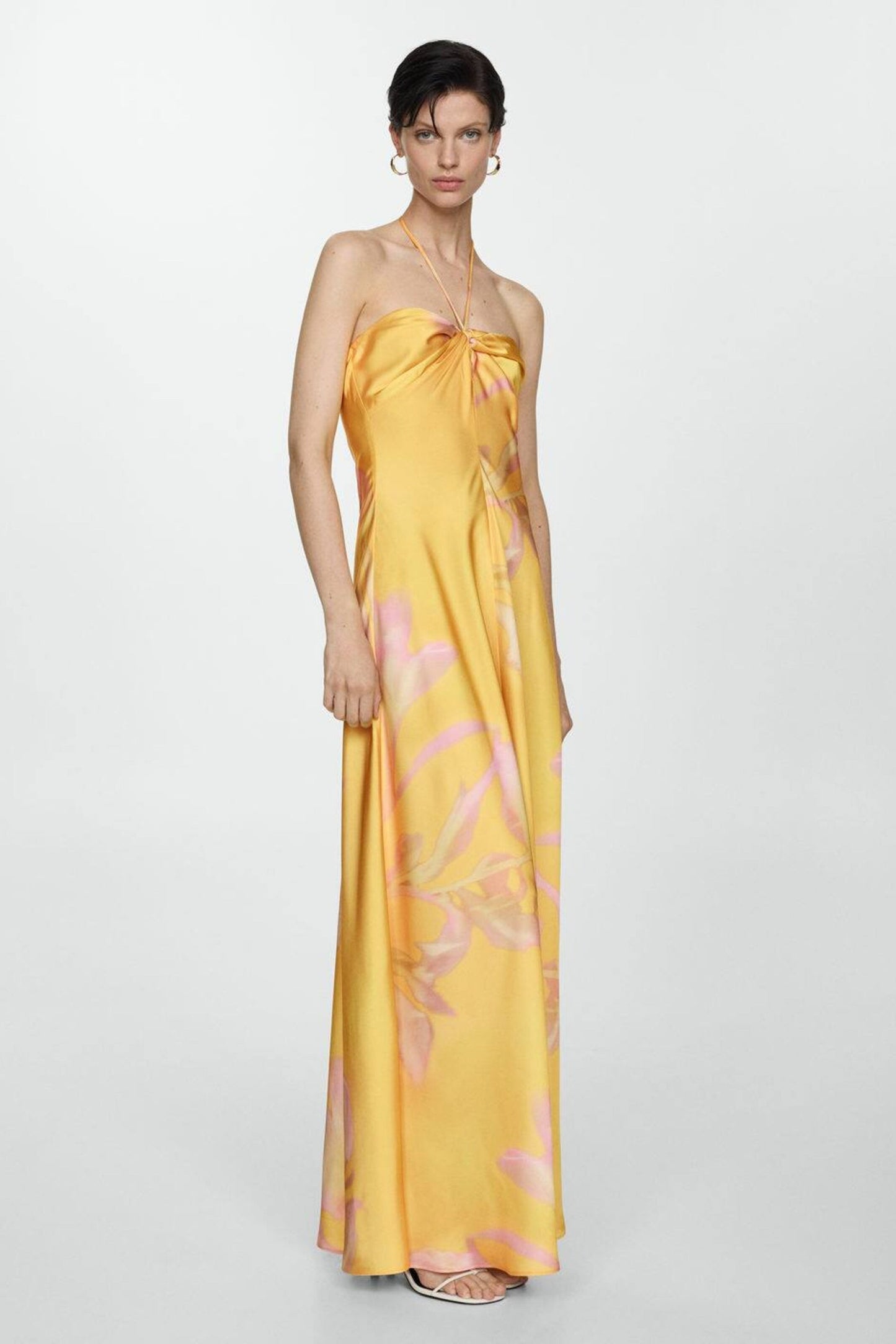 Halter Neck Twist Front Gathered Bodice Abstract Floral Satin Maxi Dress