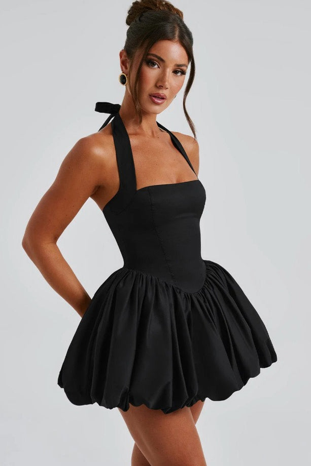 Halter Bow Back Corset Basque Waist Bubble Hem Mini Dress