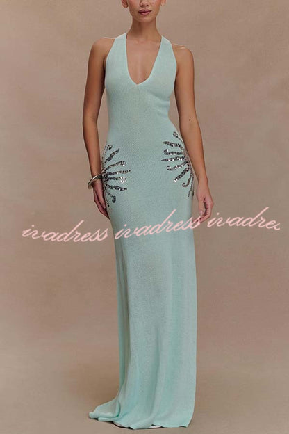 Sparkling Nights Knit Sunburst Sequin Detail Back Cross Straps Stretch Maxi Dress