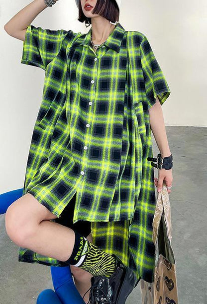 Elegant Green Plaid Cotton Buttonlow high design Summer Maxi Dresses