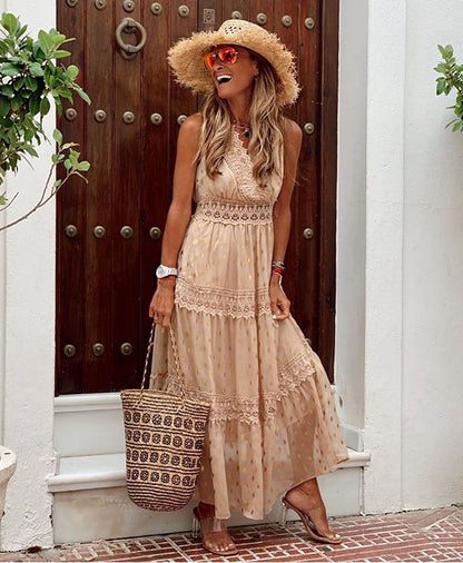 Summer Women Clothing Sexy Deep V Plunge Sleeveless Chiffon Dress Stitching Midi Dress
