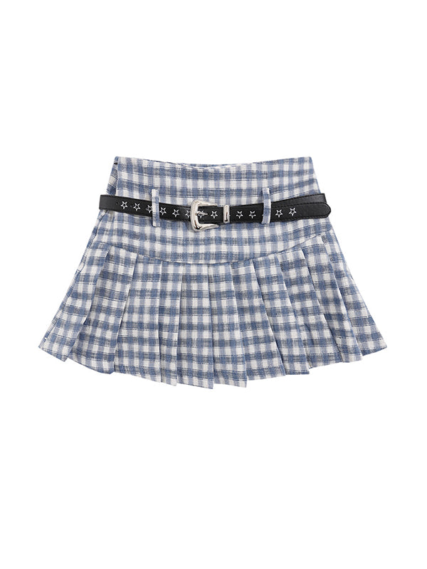 Plaid Pleated With Star Belt Mini Skirts