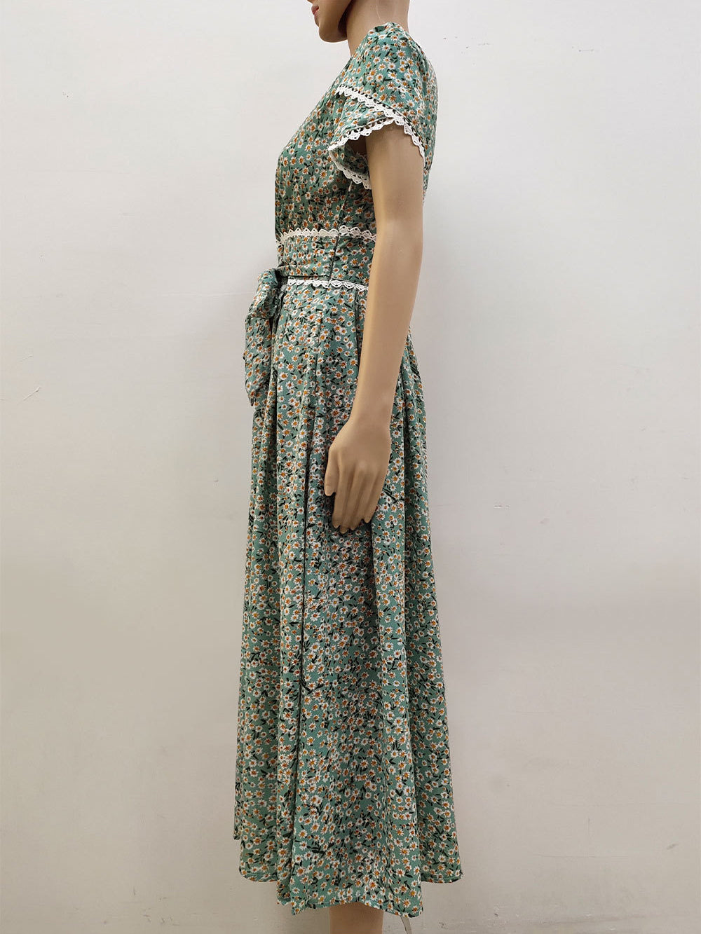 Printed Layered Casual V-Neck Short Sleeves Midi Dress