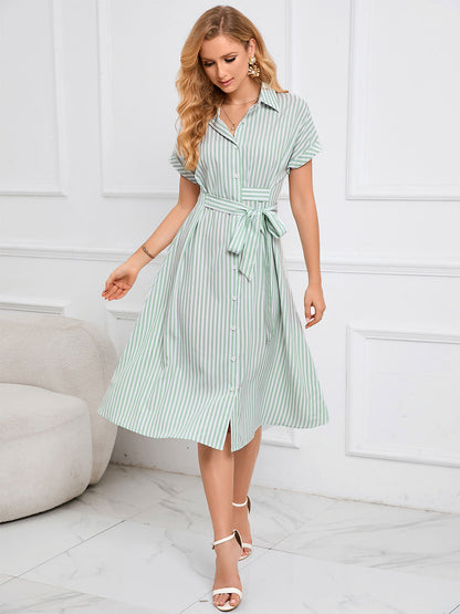 Shirt Midi Dress Light Green Turndown Collar Buttons Short Sleeves Stripes Dress