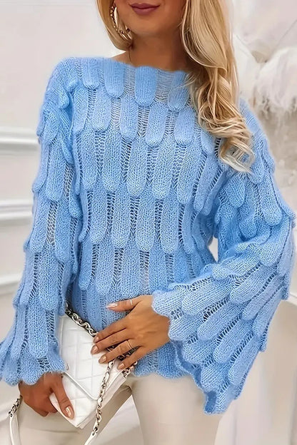 Elegant Feather Hollow Loose Bell Sleeve Knitted Sweater